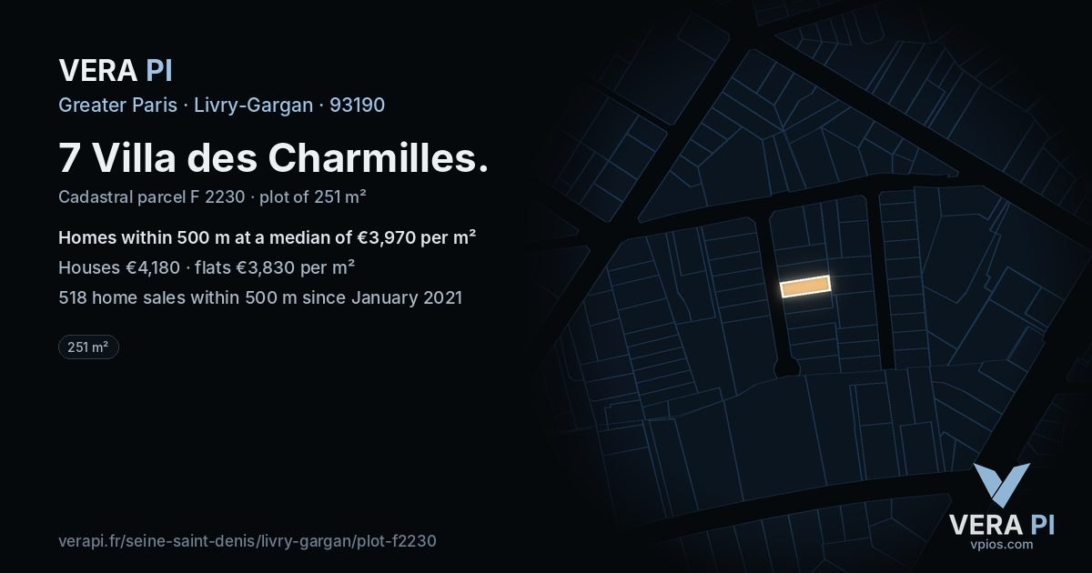 7 Villa des Charmilles, Livry-Gargan at night – the plot lit, the parcels around coloured by the prices near them