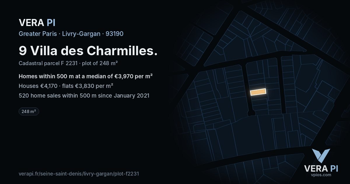 9 Villa des Charmilles, Livry-Gargan at night – the plot lit, the parcels around coloured by the prices near them
