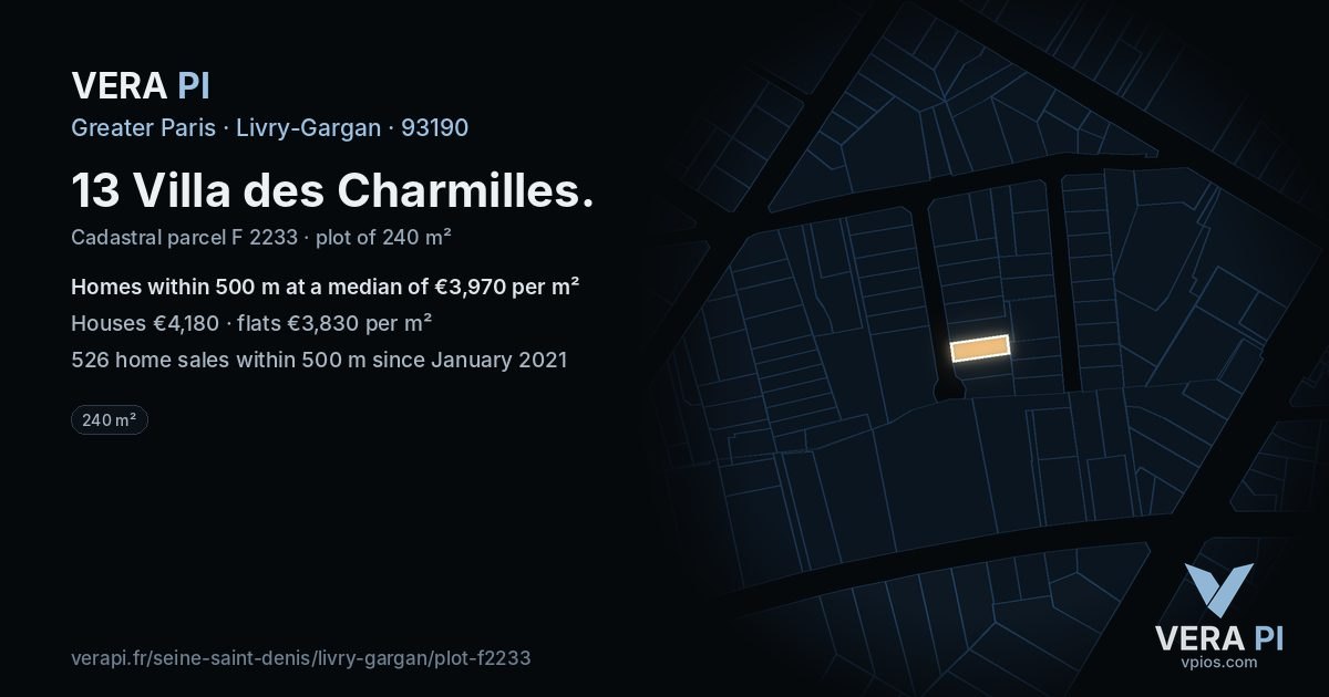 13 Villa des Charmilles, Livry-Gargan at night – the plot lit, the parcels around coloured by the prices near them