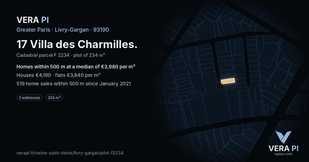 17 Villa des Charmilles, Livry-Gargan at night – the plot lit, the parcels around coloured by the prices near them