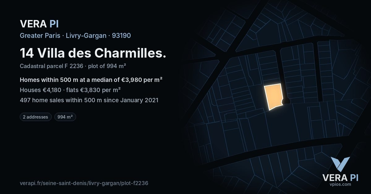 14 Villa des Charmilles, Livry-Gargan at night – the plot lit, the parcels around coloured by the prices near them