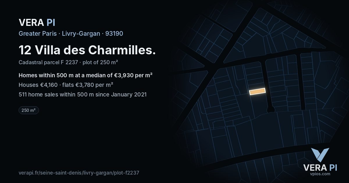 12 Villa des Charmilles, Livry-Gargan at night – the plot lit, the parcels around coloured by the prices near them