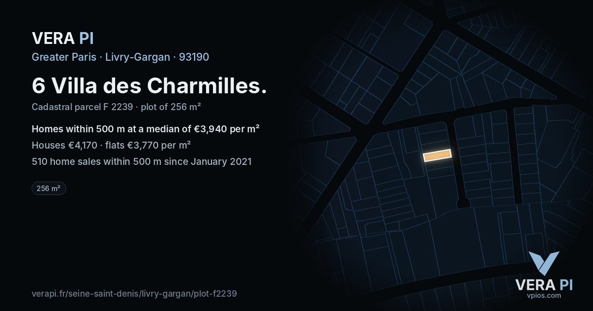 6 Villa des Charmilles, Livry-Gargan at night – the plot lit, the parcels around coloured by the prices near them
