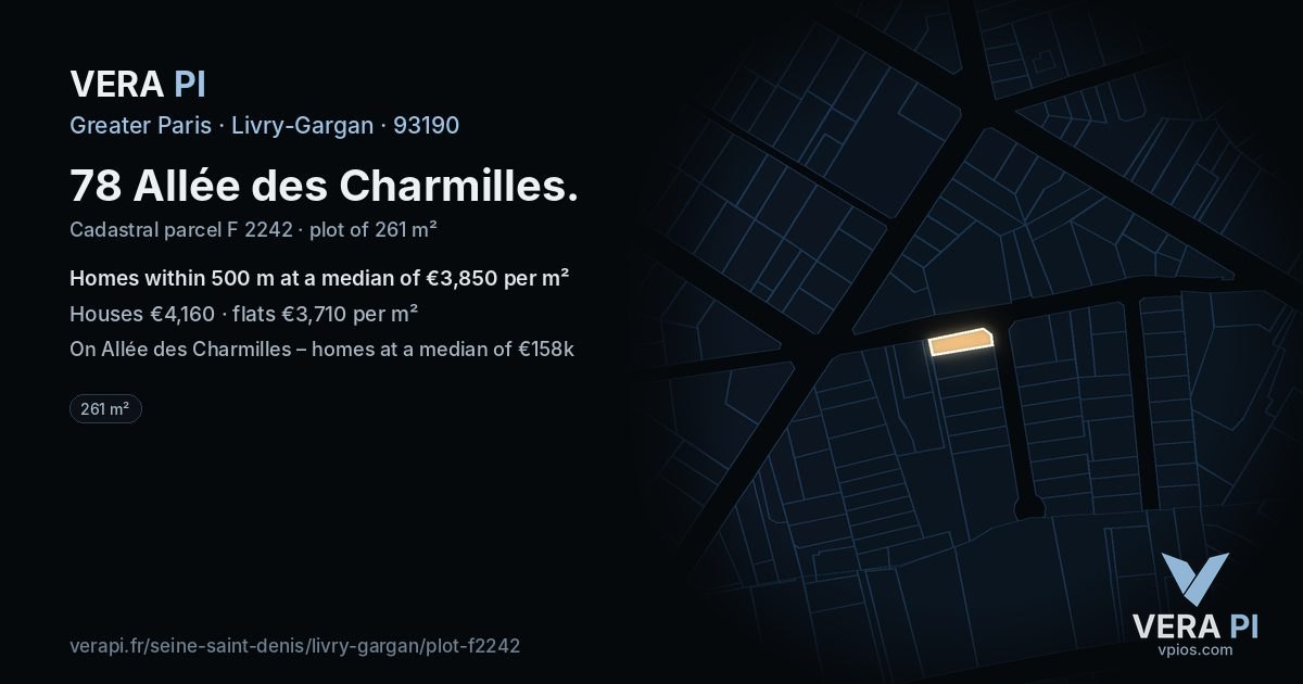 78 Allée des Charmilles, Livry-Gargan at night – the plot lit, the parcels around coloured by the prices near them