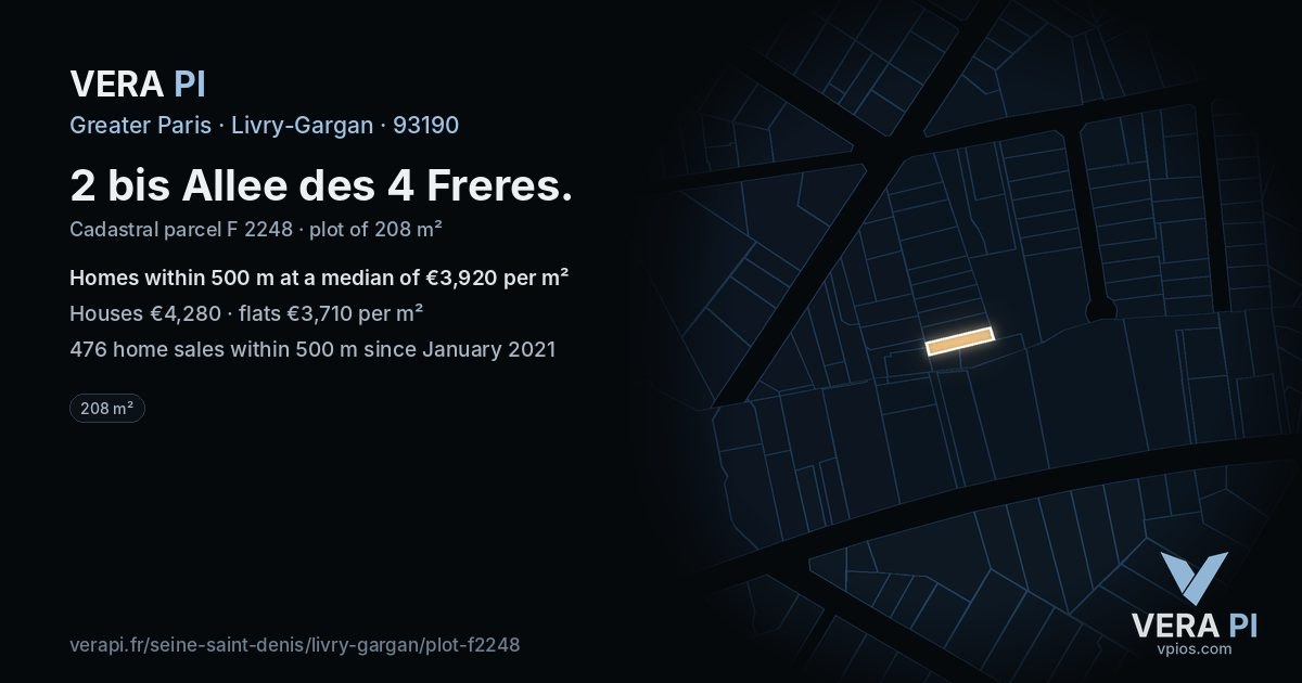 2 bis Allee des 4 Freres, Livry-Gargan at night – the plot lit, the parcels around coloured by the prices near them