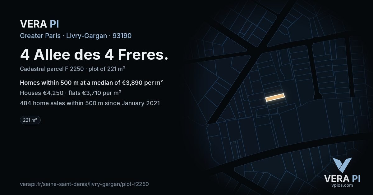 4 Allee des 4 Freres, Livry-Gargan at night – the plot lit, the parcels around coloured by the prices near them