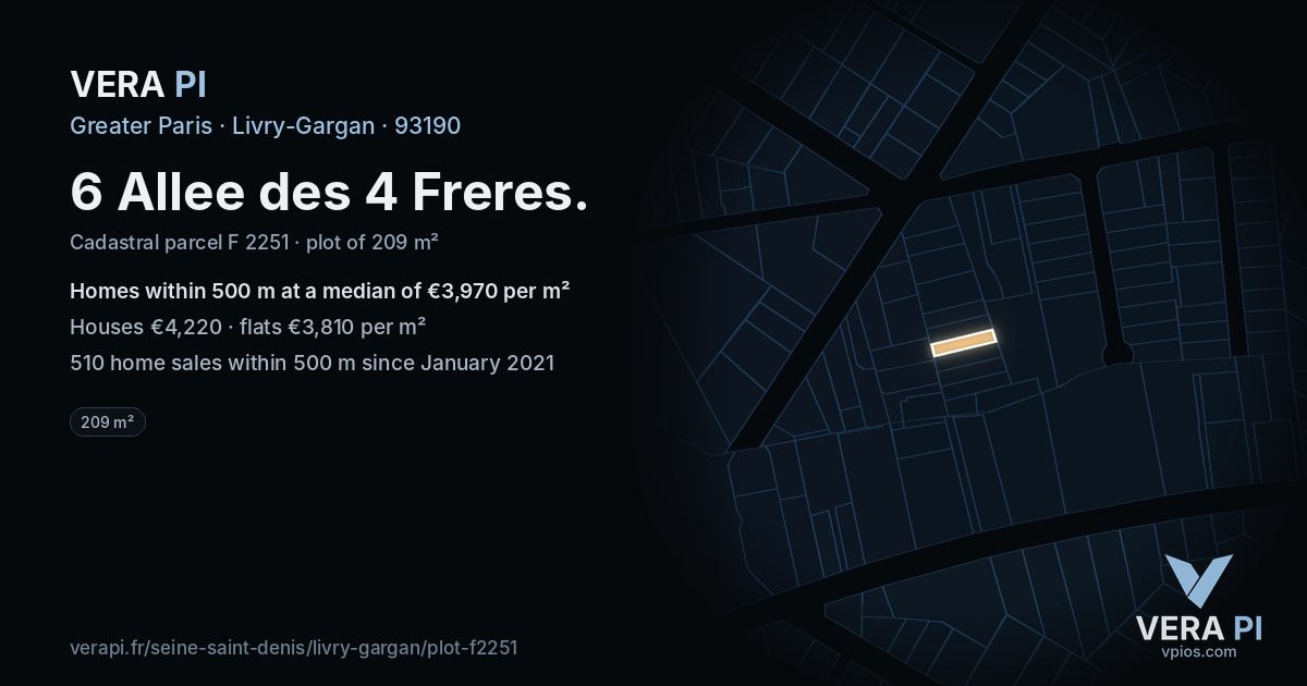 6 Allee des 4 Freres, Livry-Gargan at night – the plot lit, the parcels around coloured by the prices near them