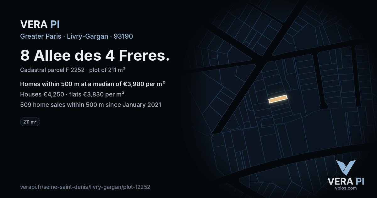 8 Allee des 4 Freres, Livry-Gargan at night – the plot lit, the parcels around coloured by the prices near them