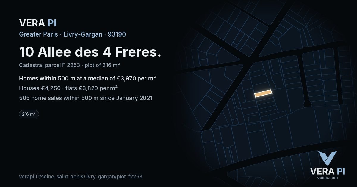 10 Allee des 4 Freres, Livry-Gargan at night – the plot lit, the parcels around coloured by the prices near them