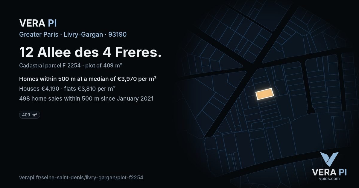 12 Allee des 4 Freres, Livry-Gargan at night – the plot lit, the parcels around coloured by the prices near them
