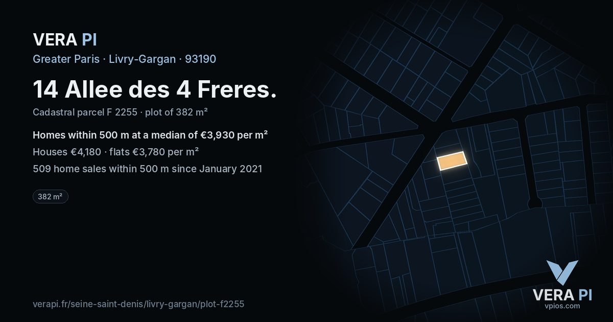 14 Allee des 4 Freres, Livry-Gargan at night – the plot lit, the parcels around coloured by the prices near them
