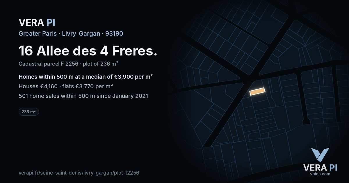 16 Allee des 4 Freres, Livry-Gargan at night – the plot lit, the parcels around coloured by the prices near them