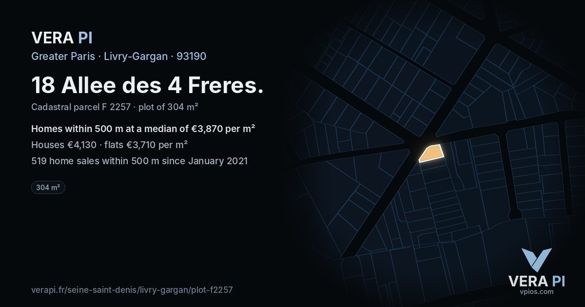 18 Allee des 4 Freres, Livry-Gargan at night – the plot lit, the parcels around coloured by the prices near them