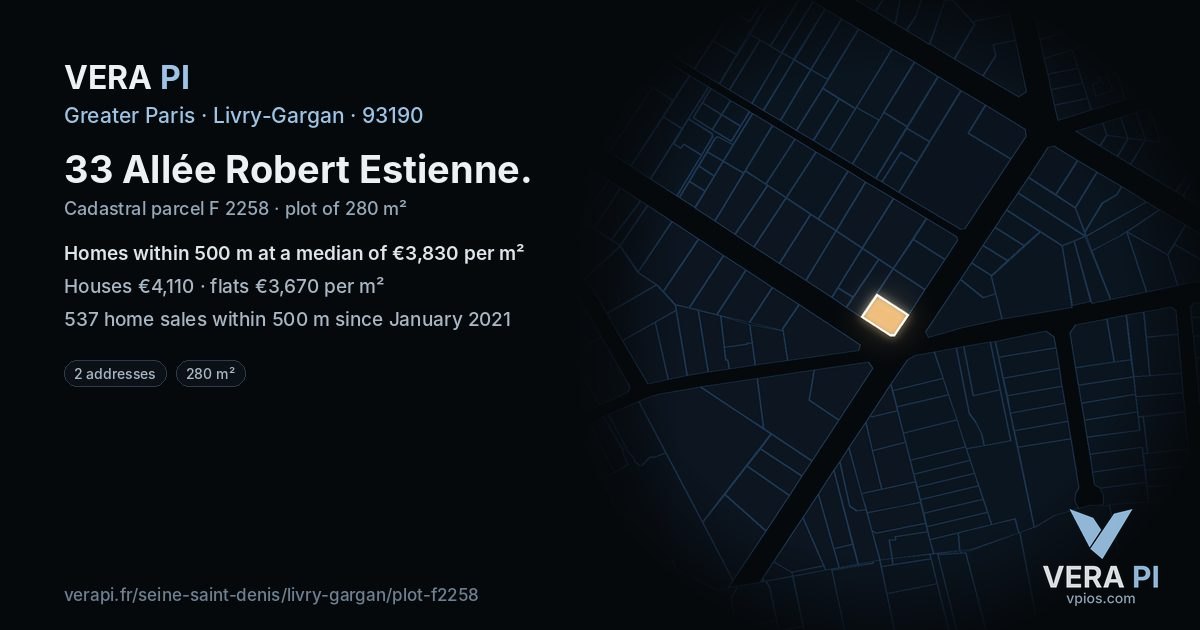 33 Allée Robert Estienne, Livry-Gargan at night – the plot lit, the parcels around coloured by the prices near them