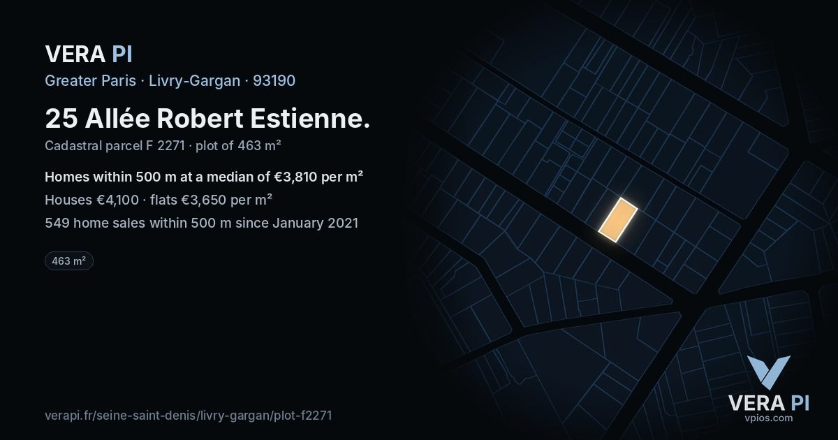 25 Allée Robert Estienne, Livry-Gargan at night – the plot lit, the parcels around coloured by the prices near them