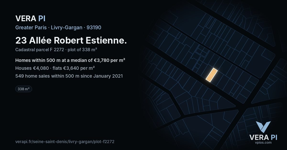 23 Allée Robert Estienne, Livry-Gargan at night – the plot lit, the parcels around coloured by the prices near them