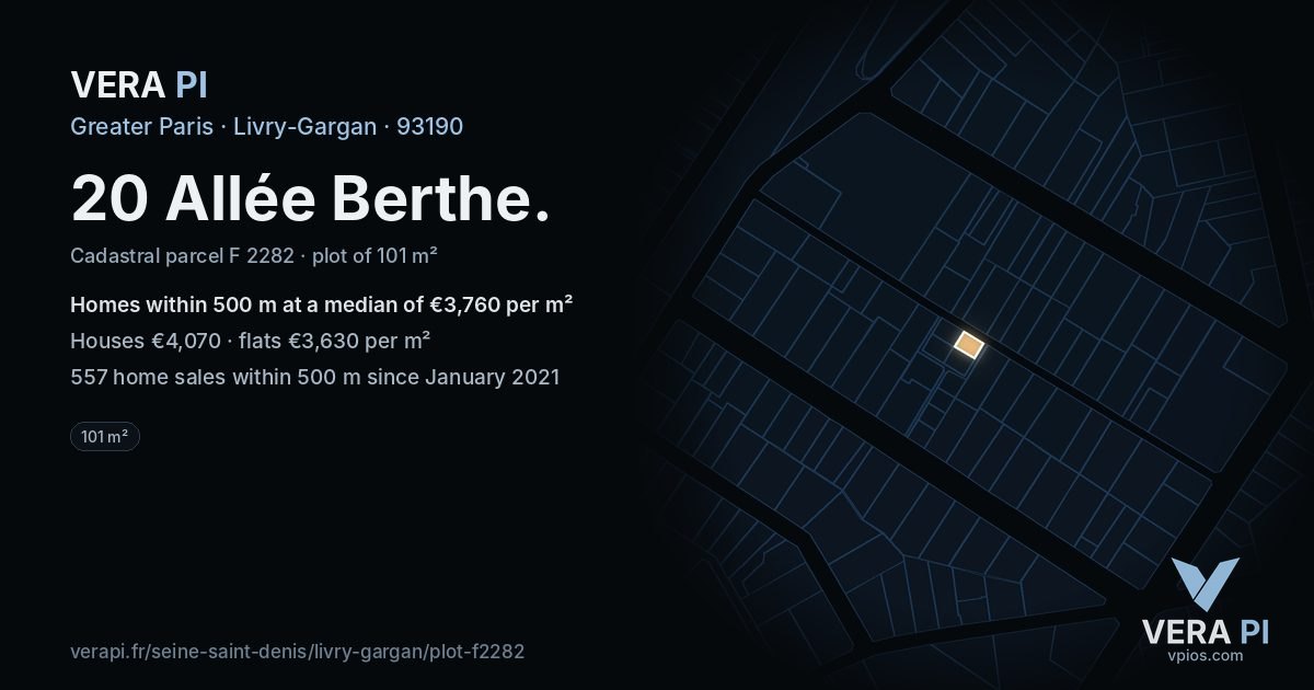 20 Allée Berthe, Livry-Gargan at night – the plot lit, the parcels around coloured by the prices near them