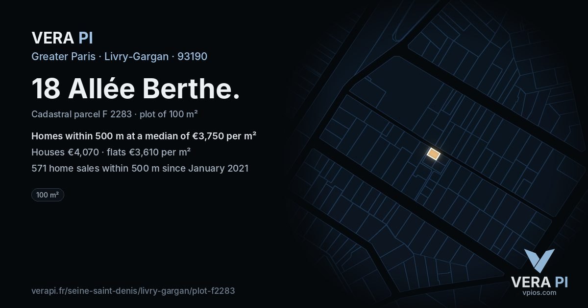 18 Allée Berthe, Livry-Gargan at night – the plot lit, the parcels around coloured by the prices near them