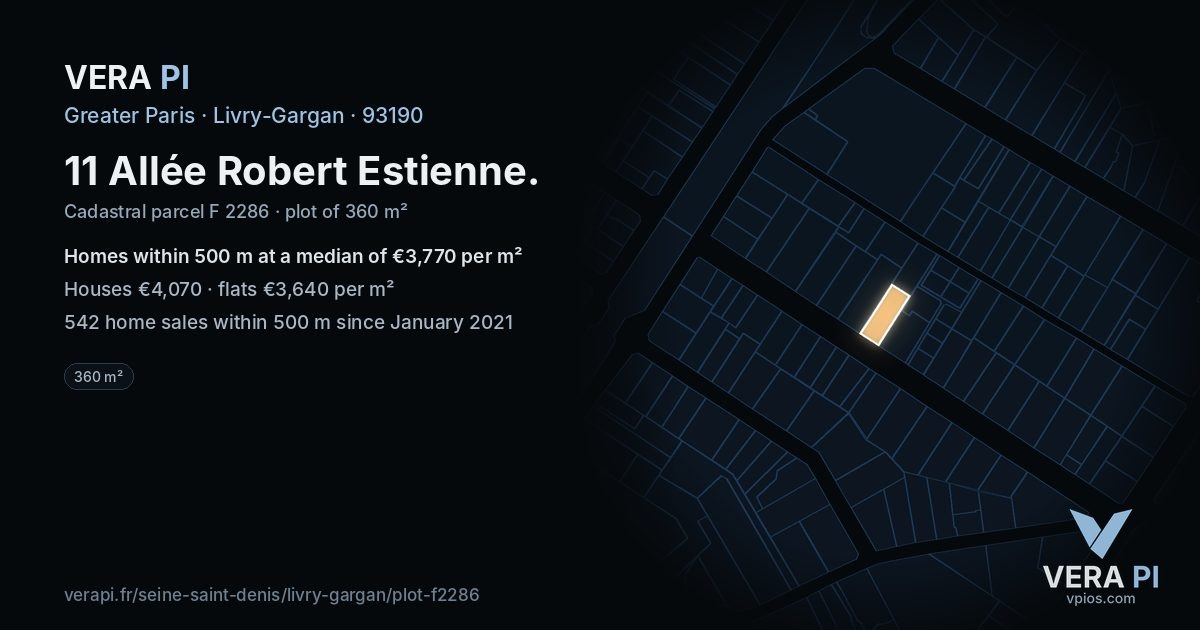 11 Allée Robert Estienne, Livry-Gargan at night – the plot lit, the parcels around coloured by the prices near them