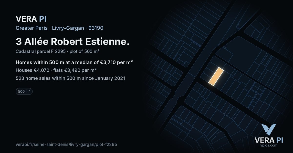 3 Allée Robert Estienne, Livry-Gargan at night – the plot lit, the parcels around coloured by the prices near them