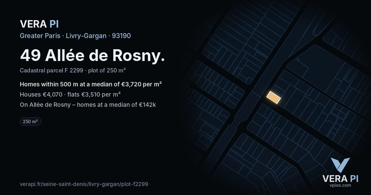49 Allée de Rosny, Livry-Gargan at night – the plot lit, the parcels around coloured by the prices near them