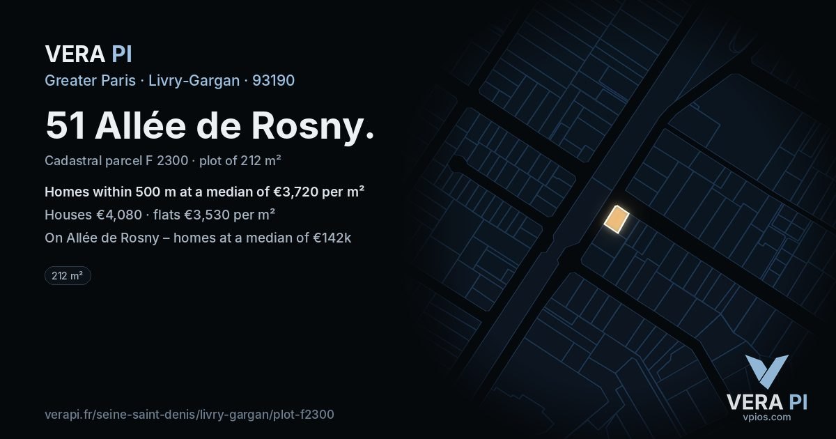 51 Allée de Rosny, Livry-Gargan at night – the plot lit, the parcels around coloured by the prices near them