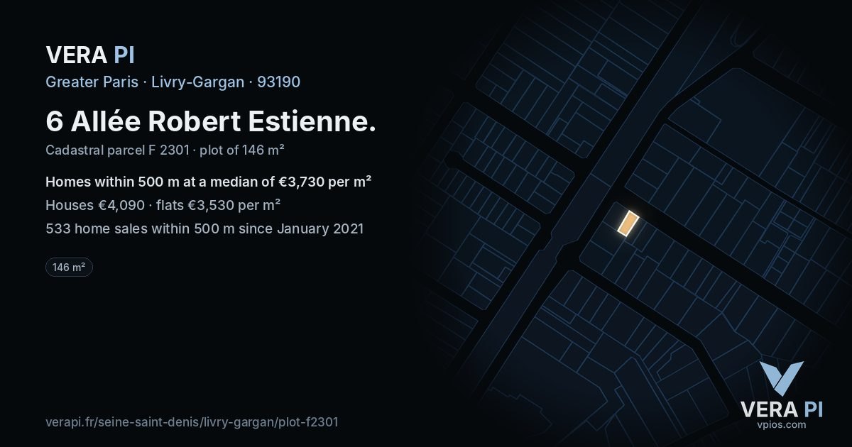 6 Allée Robert Estienne, Livry-Gargan at night – the plot lit, the parcels around coloured by the prices near them