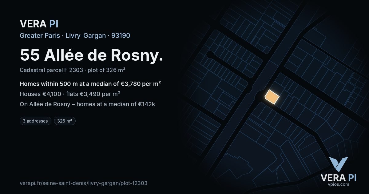 55 Allée de Rosny, Livry-Gargan at night – the plot lit, the parcels around coloured by the prices near them