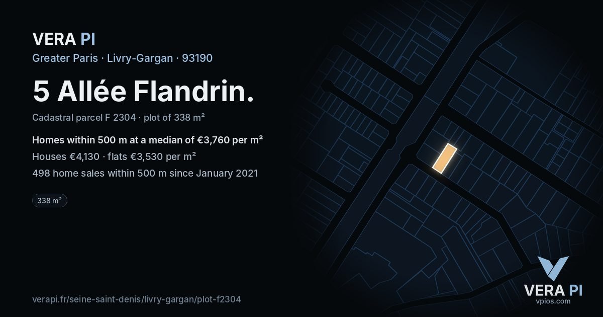 5 Allée Flandrin, Livry-Gargan at night – the plot lit, the parcels around coloured by the prices near them