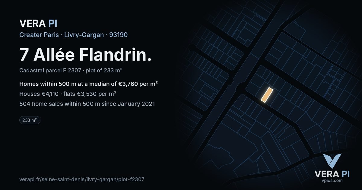 7 Allée Flandrin, Livry-Gargan at night – the plot lit, the parcels around coloured by the prices near them