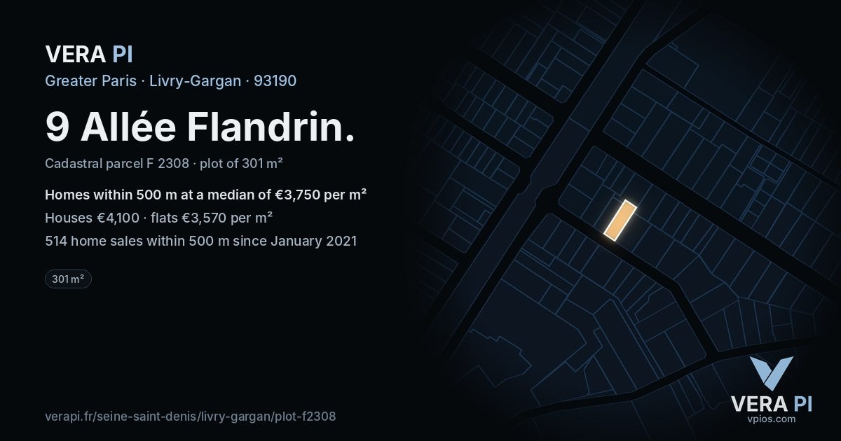 9 Allée Flandrin, Livry-Gargan at night – the plot lit, the parcels around coloured by the prices near them