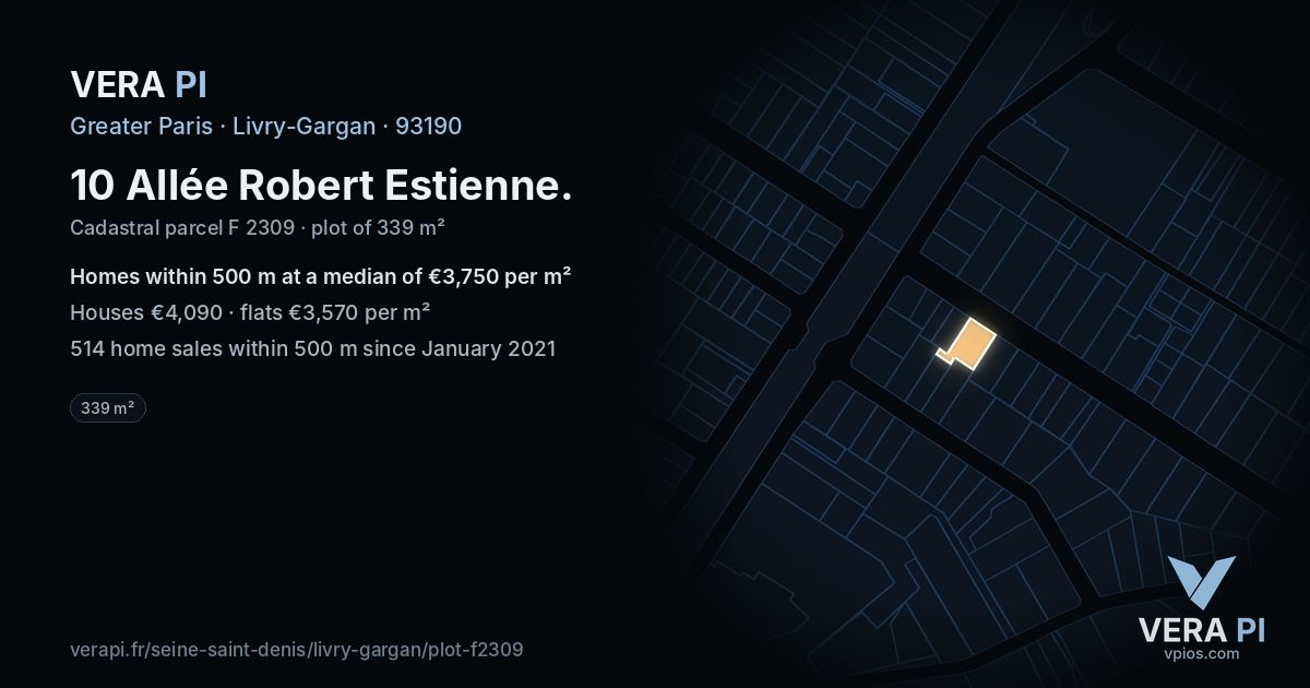 10 Allée Robert Estienne, Livry-Gargan at night – the plot lit, the parcels around coloured by the prices near them