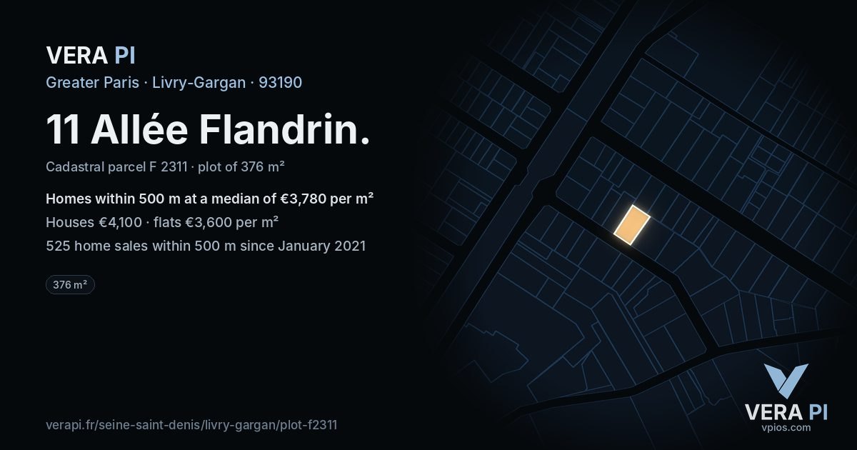 11 Allée Flandrin, Livry-Gargan at night – the plot lit, the parcels around coloured by the prices near them