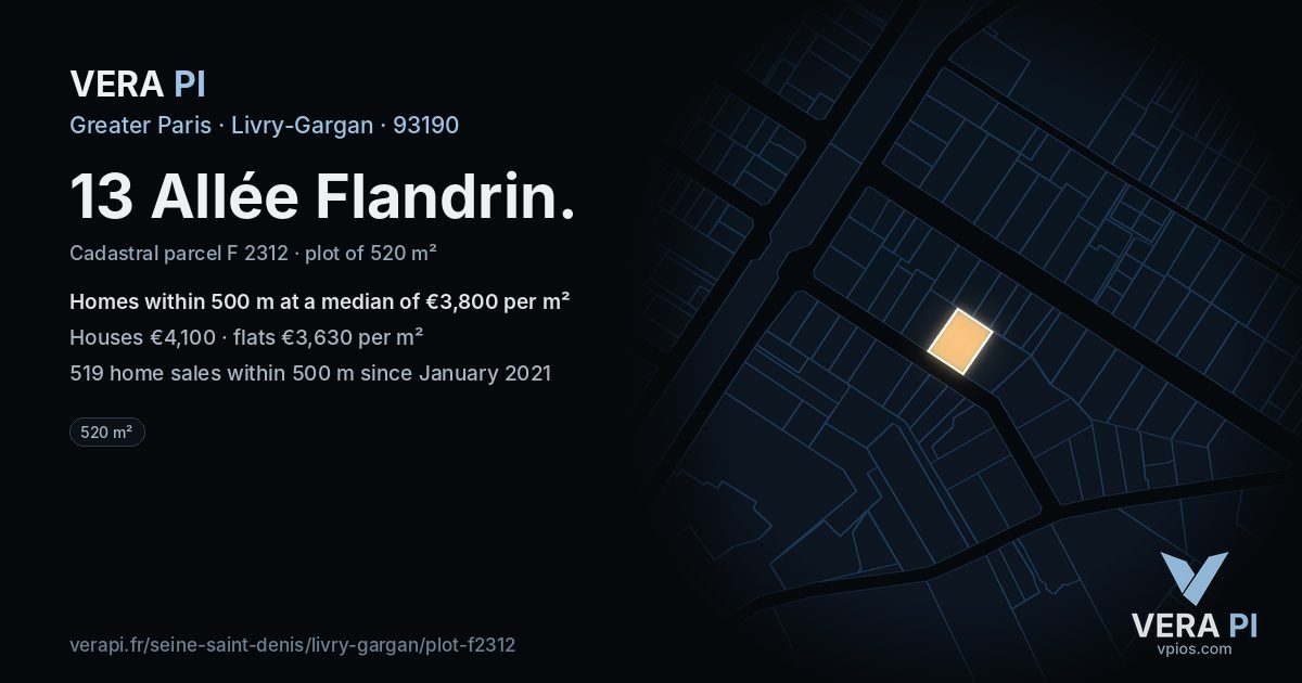 13 Allée Flandrin, Livry-Gargan at night – the plot lit, the parcels around coloured by the prices near them