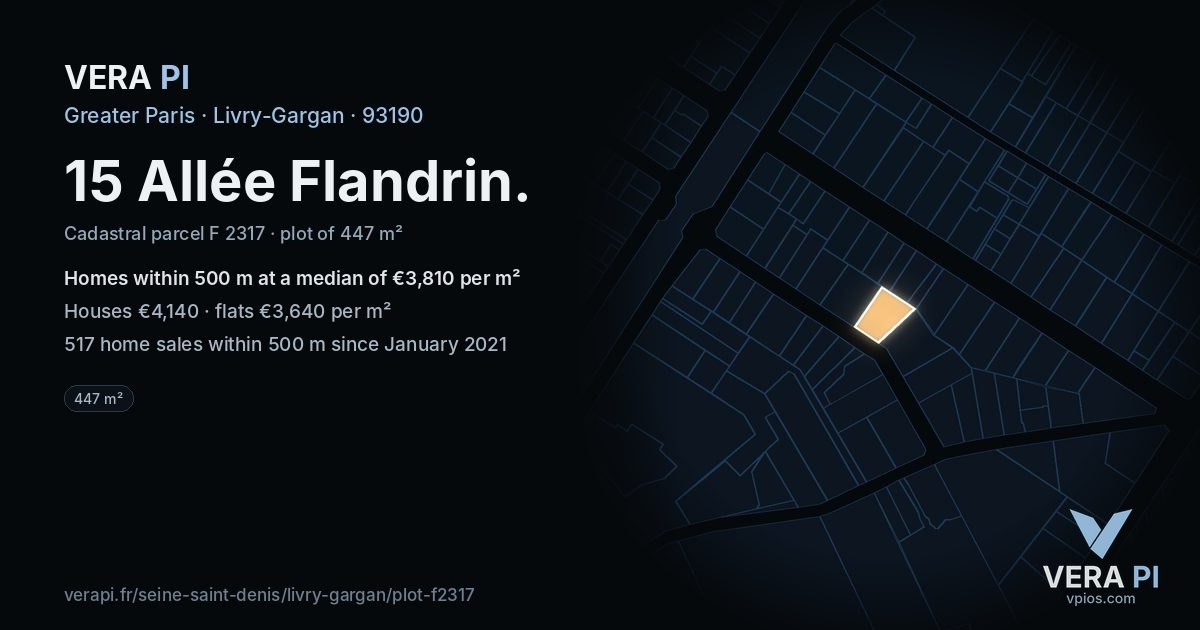 15 Allée Flandrin, Livry-Gargan at night – the plot lit, the parcels around coloured by the prices near them