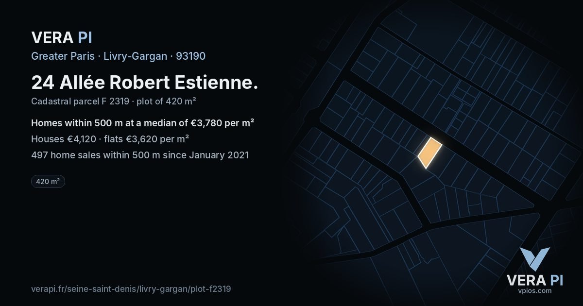 24 Allée Robert Estienne, Livry-Gargan at night – the plot lit, the parcels around coloured by the prices near them