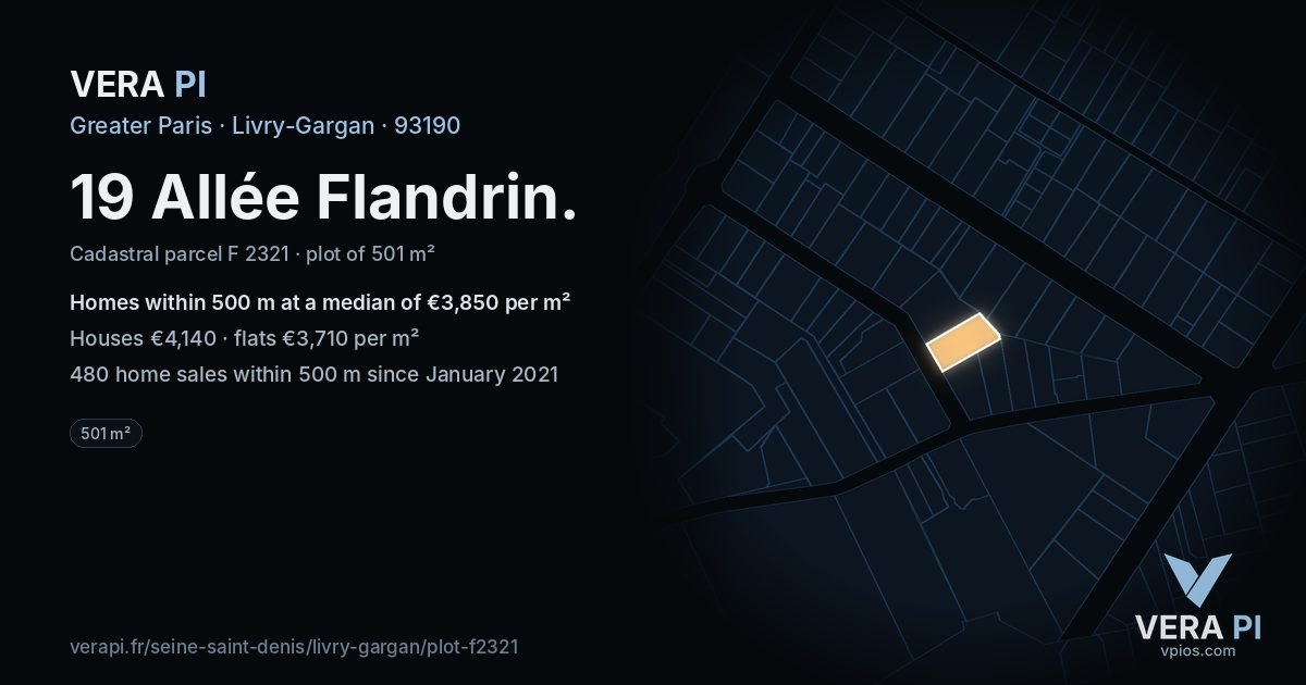 19 Allée Flandrin, Livry-Gargan at night – the plot lit, the parcels around coloured by the prices near them