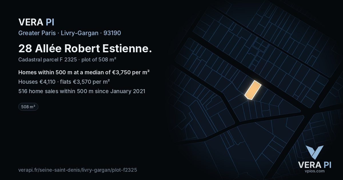 28 Allée Robert Estienne, Livry-Gargan at night – the plot lit, the parcels around coloured by the prices near them