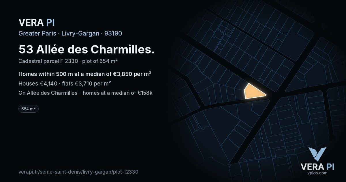 53 Allée des Charmilles, Livry-Gargan at night – the plot lit, the parcels around coloured by the prices near them