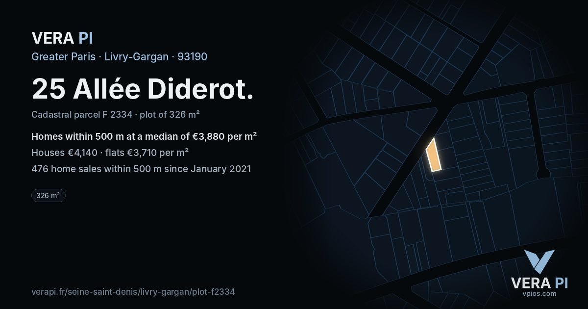 25 Allée Diderot, Livry-Gargan at night – the plot lit, the parcels around coloured by the prices near them