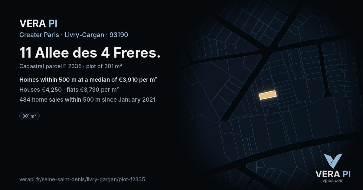 11 Allee des 4 Freres, Livry-Gargan at night – the plot lit, the parcels around coloured by the prices near them