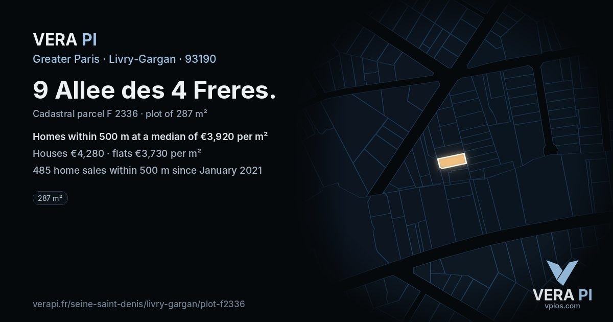 9 Allee des 4 Freres, Livry-Gargan at night – the plot lit, the parcels around coloured by the prices near them