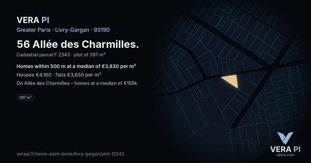 56 Allée des Charmilles, Livry-Gargan at night – the plot lit, the parcels around coloured by the prices near them