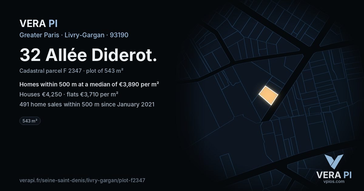 32 Allée Diderot, Livry-Gargan at night – the plot lit, the parcels around coloured by the prices near them