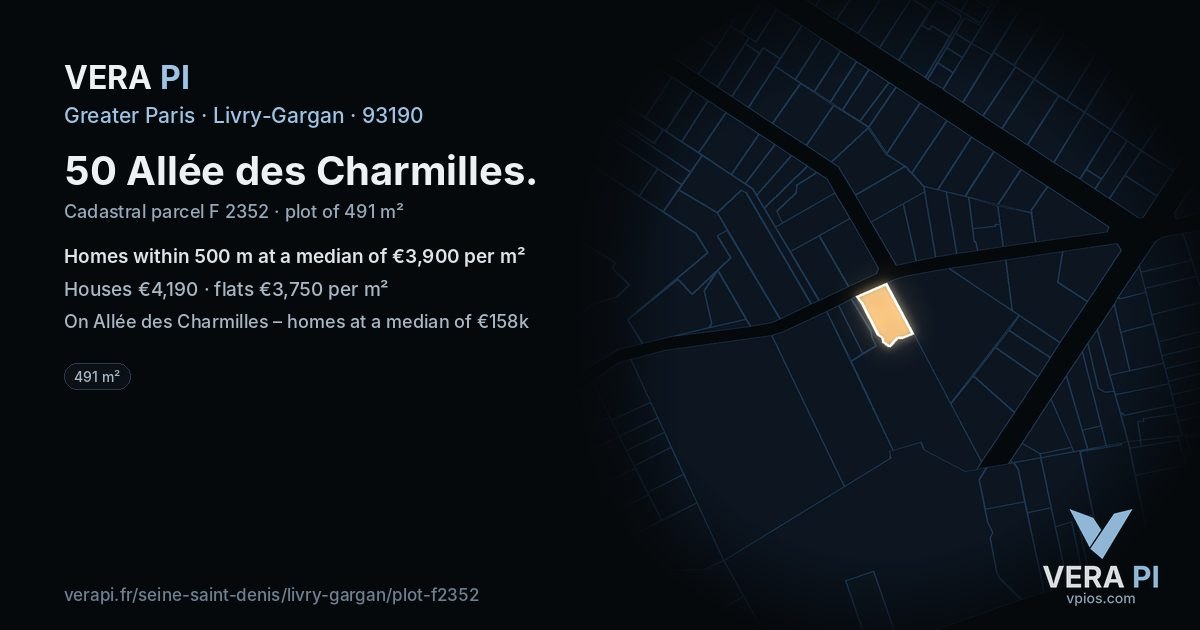 50 Allée des Charmilles, Livry-Gargan at night – the plot lit, the parcels around coloured by the prices near them
