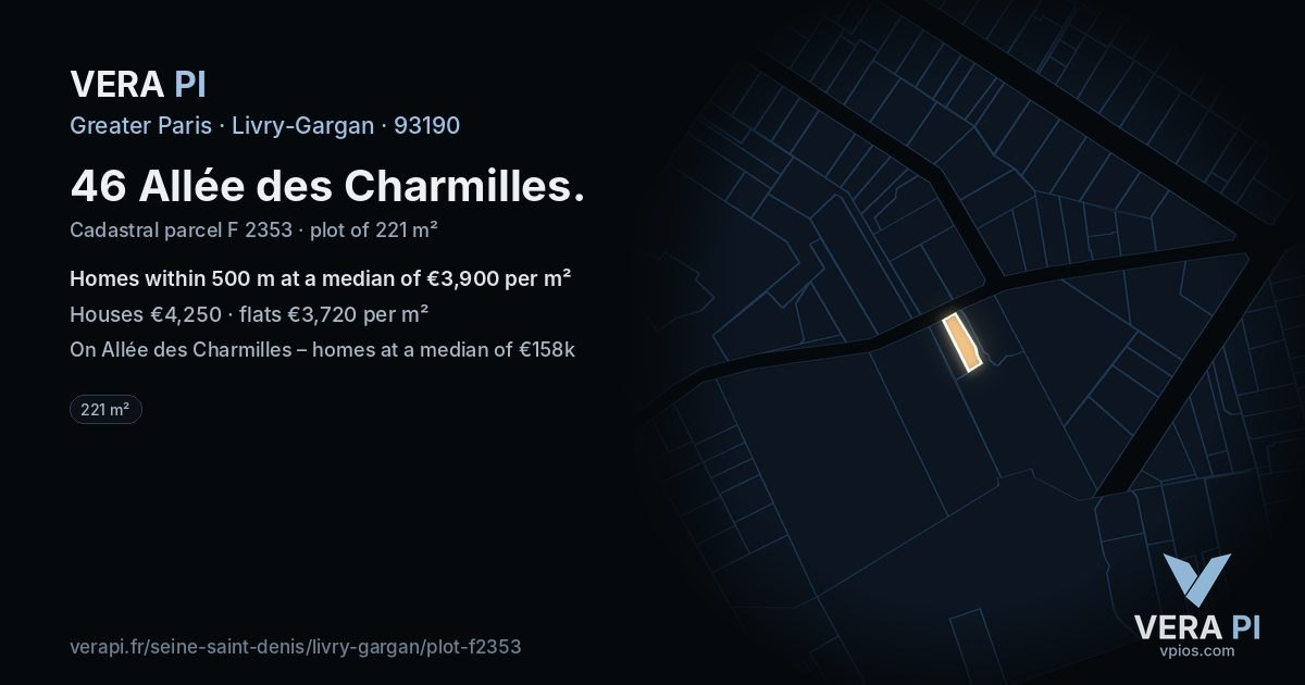 46 Allée des Charmilles, Livry-Gargan at night – the plot lit, the parcels around coloured by the prices near them