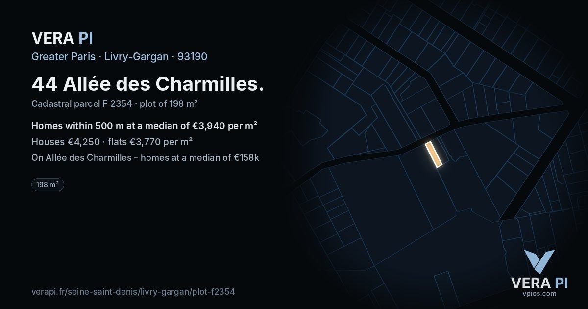 44 Allée des Charmilles, Livry-Gargan at night – the plot lit, the parcels around coloured by the prices near them