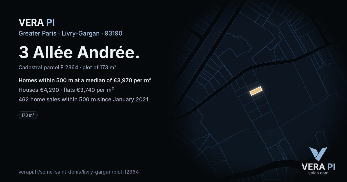 3 Allée Andrée, Livry-Gargan at night – the plot lit, the parcels around coloured by the prices near them