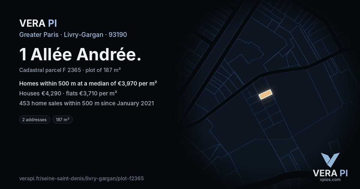 1 Allée Andrée, Livry-Gargan at night – the plot lit, the parcels around coloured by the prices near them