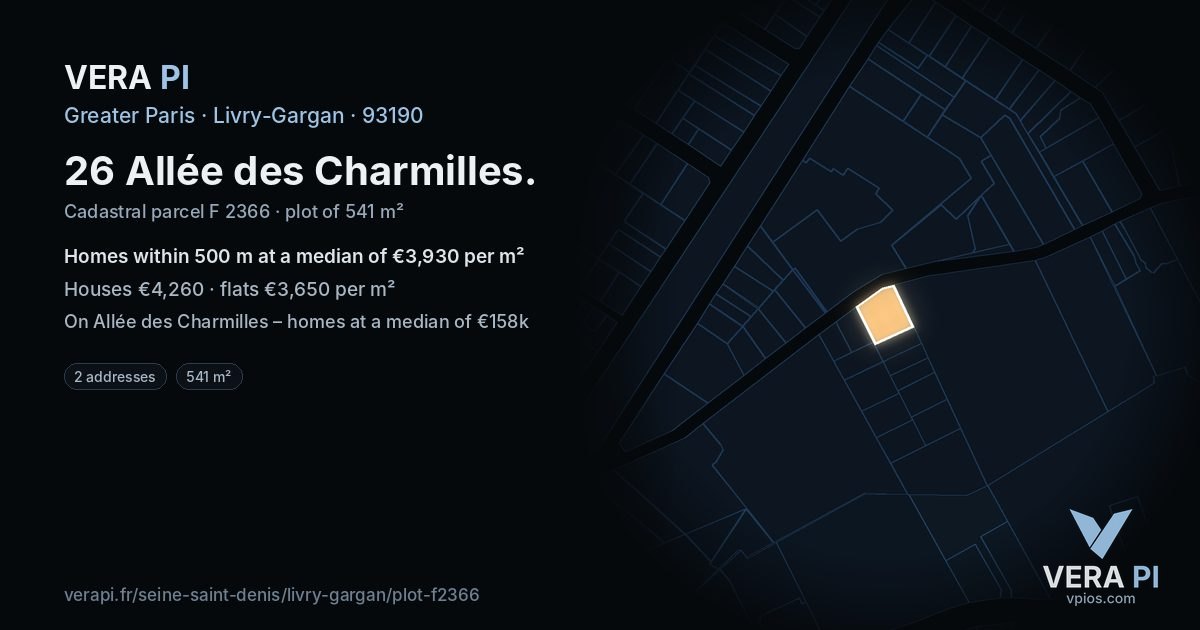 26 Allée des Charmilles, Livry-Gargan at night – the plot lit, the parcels around coloured by the prices near them